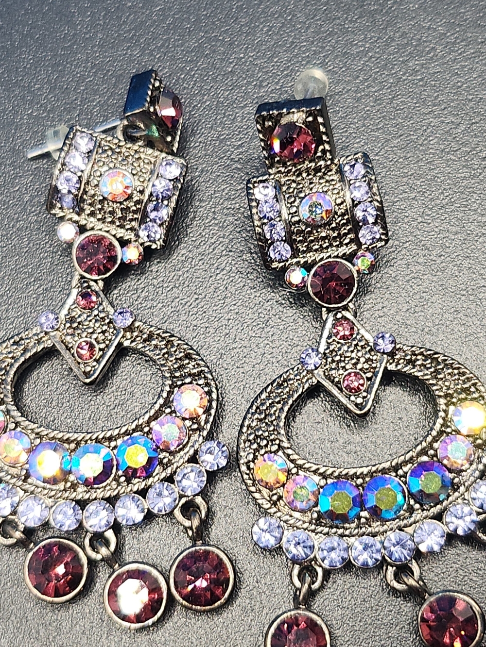 Antique-Silver Tone Multicolor Drop Earrings with Purple and Aurora Crystals